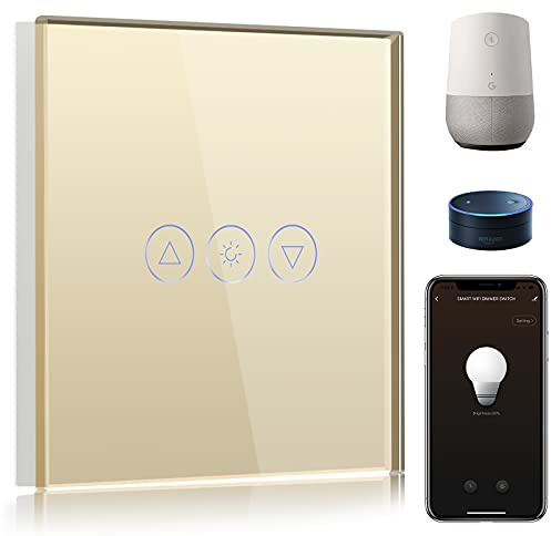 BSEED Smart Dimmer Switch 1 Gang 1 Way,WiFi Dimmer Switch Compatible with Alexa and Google Home,500W Smart Light Switch Gold with Smart Life APP Control and Timing Function (Neutral Wire Need)