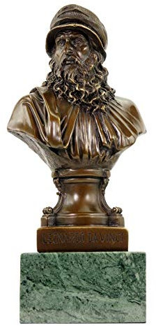 Kunst & Ambiente - Leonardo da Vinci Bronze Büste - Limitierte Bronzestatue - signiert Milo - Historischer Bronzekopf - Universalgelehrter - Höhe 30 cm - Mamorsockel - Figur - Braun
