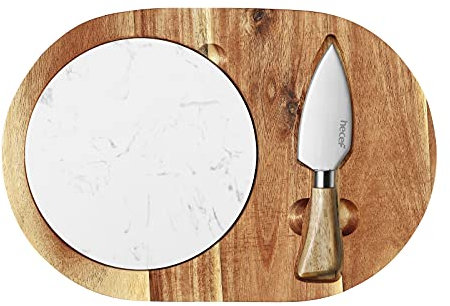 hecef Wooden Cheese Board Gift Set, Acacia Wood Charcuterie Tray Platter with White Marble Board & Cheese Knife for House Warming, Christmas, Anniersary