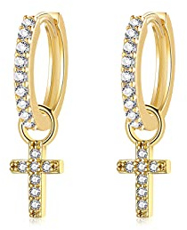 Creolen Silber gold mit Kreuz Anhänger für Damen Herren Mädchen, Creolen Silber 925 Huggies(10mm) mit Zirkonia Ohrringe Gold Knorpel Tragus Schlafen Ohrringe