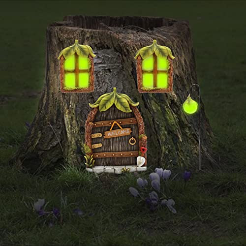 Tesyeux Kit Porta Delle Fate e Finestre per Alberi,Gnomo in Miniatura per la Casa in Ornamentale di Fata Door,Prato Giardino Sculture di Albero Decorazione,Glow in The Dark Yard Outdoor Decor