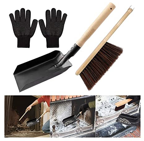 LOWLIU Ensemble serviteur de cheminée Pelle à Cendres de cheminée et Brosse avec Gants en Silicone for Le Nettoyage de la cheminée Accessoires pour cheminée