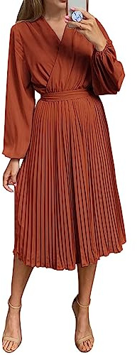 PRETTYGARDEN Women's Spring Midi Dress Long Puff Sleeve Wrap V Neck Flowy Ruffle Pleated Casual Fall Dresses (Brick Red,XX-Large)