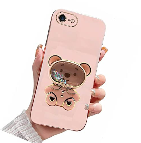 Tivenfezk Nadoli für iPhone 8 Plus/7 Plus Treibsand Bär Ständer Hülle,Karikatur Glitzer Überzug Galvanisierte Make-up Ständer Weiche Silikon Kratzfest Handyhülle Schutzhülle
