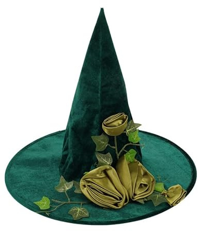 YJZQ Hexenhut Halloween Weinrebe Hexenhut Grün Dekor Halloween Kostüm Hut Grün Wizard Hut mit Rose Blume für Kostüm Halloween Party Dekoration