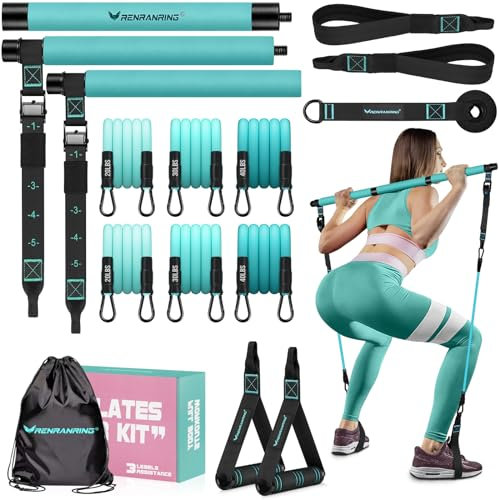 Pilates Bar Kit mit Widerstandsbändern, Multifunktionale Pilatesstange für Frauen & Männer mit robuster Metallverstellschnalle, Pilates Heimausrüstung für Ganzkörpertraining