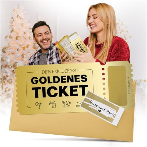 Festicy Goldener Gutschein zum selber Ausfüllen 2025 I Goldenes Ticket I Weihnachtskarte mit Umschlag I Rubbelkarten zum selber beschriften I Reisegutschein I kreative Geburtstagskarte