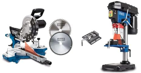 Scheppach Scie à onglets avec démarrage progressif & laser HM254 | 2000W | Lame Ø255mm & Perceuse d'établi à colonne DP16VLS | avec étau | 500W | 5 Vitesses pour le bois, le métal