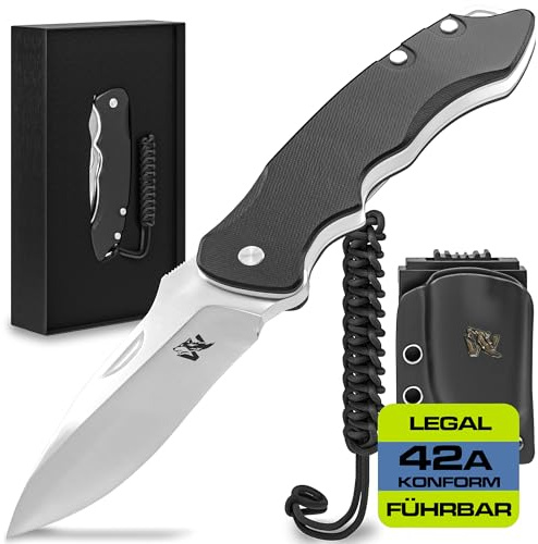 Wolfgangs FEROX Zweihandmesser Klappmesser aus D2 Stahl und Ebenholz-Griff - Legales Outdoor Survival Messer mit Leder Holster