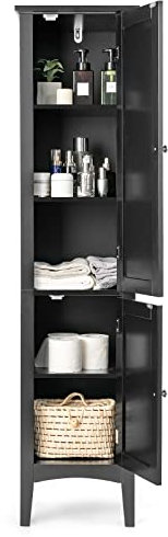 COSTWAY Badezimmerschrank mit 5 Fächern, Badezimmer Hochschrank mit 2 Lamellentür & Regalen & Kippsicherung, Badschrank schmal für Badezimmer, Küche, Wohnzimmer, 37 x 37 x 160cm (Schwarz)