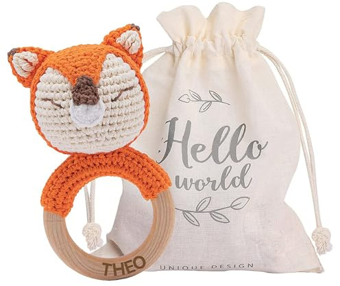 Youuys Personalisierter Baby rassel Gehäkelte Holz Häkeln Tiere Greifling Baby Holz Rassel Baby mit Sound Handmade Rassel für Neugeborenes Baby Geschenk Junge und Mädchen Geschenk zur Geburt (Fuchs)