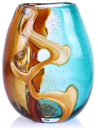 Hübsche, mundgeblasene Glasvase, farbige Glas-Blumenvasen, Heimdekoration, bernsteinfarbene und blaugrüne dekorative Murano-Vase für Wohnzimmer, Büro, Schlafzimmer, Küstentisch, Tafelaufsätze