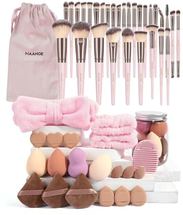 MAANGE Makeupborstset, 51 st sminkverktygsset premium syntetisk foundation pulver concealers ögonskuggor rodna sminkborstar (rosa)