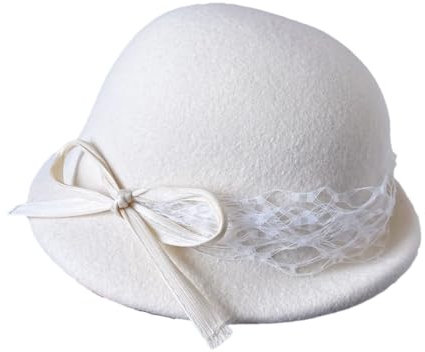 Wvapzxx Damenhut aus Wolle, Spitze, French-Vintage-Barett, Party, elegante Schleife, Filzhut, weiß, Einheitsgröße
