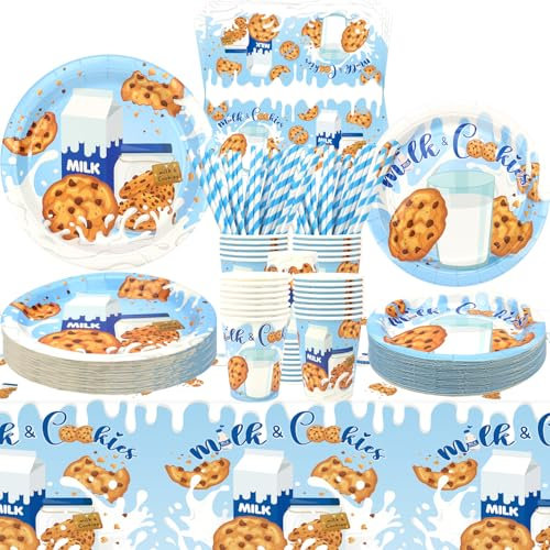 Fournitures de fête au lait et biscuits – Vaisselle de fête au lait et biscuits – Assiettes à dessert, assiettes, tasses, serviettes, nappes, pailles pour lait et biscuits, fournitures de fête