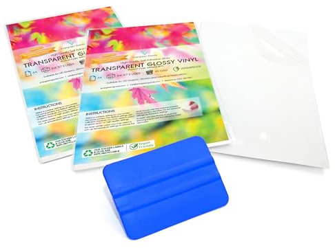 Evergreen Goods 20 Sheets A4 Glossy Transparent Waterproof Self Adhesive Vinyl Sticker Paper with Squeegee | Inkjet and Laser Printers Printing Paper | Perfect A4 Paper for Labels, Jars, Bottles