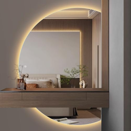 YVYKFZD Specchio da Bagno a semicerchio LED, Specchio da Parete illuminato per ingresso, Specchio da Toeletta grande a mezzaluna, specchio decorativo retroilluminato senza cornice(Cut Right,110x70cm/4
