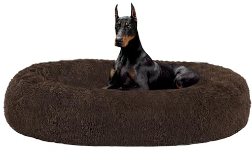 HMTOPE Ortopedisk hundsäng, rund hundkudde, hundsoffa, kattsäng, munk, mysig hundkorg, tvättbar, 120 cm Ø, brun