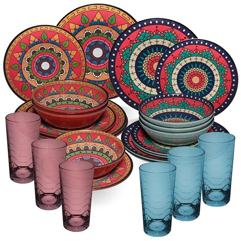 Vaisselle en mélamine Toscane Deep pour 6 personnes – 24 pièces rouge/vert – Aspect mandala avec verres assortis 260 ml Accessoires de camping caravane Camping Festival pique-nique Garden Party