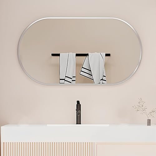 lirrebol Großer, moderner, dekorativer Wandspiegel, selbstklebend, Silber, 50 x 90 cm, ideal für Badezimmer, Wohnzimmer, Schminktisch, stilvolles Design