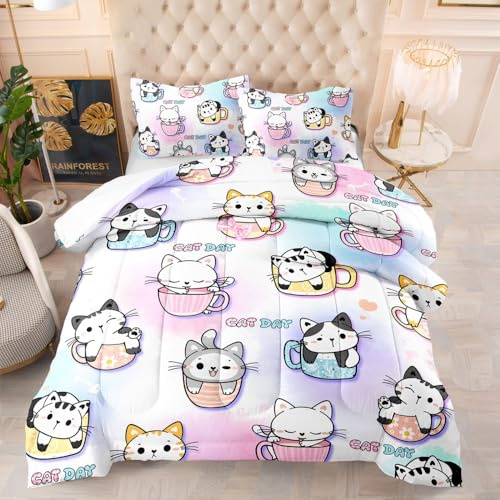 Trapunte Carino Gatto Viola Piumone Invernale Microfibra Trapunta Letto Singolo Lavabile Piumoni Trapunta Invernale Letto Singolo Durevole Piumino+2 Federe(50x75cm) 173x218cm