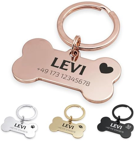 FELLSOCKE Hundemarke mit Gravur aus Edelstahl, Individuell gravierbar, Robuste Tiermarke, Dogtag Anhänger Hunde, Pferde, Katzen & Welpen (Glänzend, Rosegoldfarben, 40x21mm)