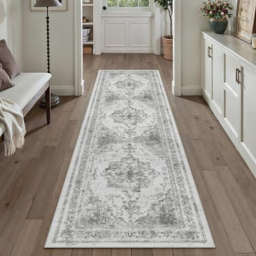 HUGEAR Grau Vintage Teppich Läufer Flur 60x240cm Waschbar | Waschbarer Teppich, Rutschfest Weich, Kurzflor Retro, für Vorzimmer, Schlafzimmer Küche, Brücken Hallway, Carpet