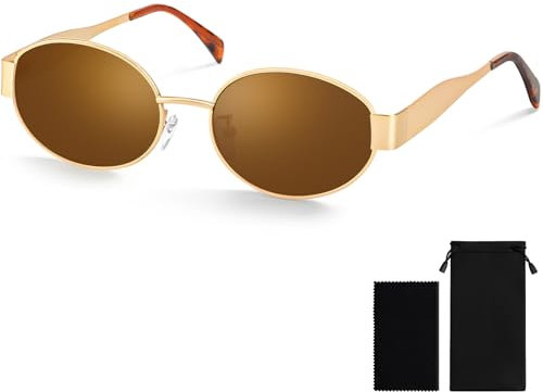 Becellen Oval Sonnenbrille Damen, Retro UV400 Polarisierte Sonnenbrille mit Metallrahmen 90er Trendy Mode Sunglasses Hippie Vintage Brille für Damen und Herren