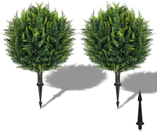 25.2 Artificial Cedar Topiary Outdoor Faux Plants with Ground Spikes, 2 Pack UV Resistant Evergreen Fake Plant, Realistic Artificial Cedar Ball Greenery, Fake Bushes for Front Porch Décor