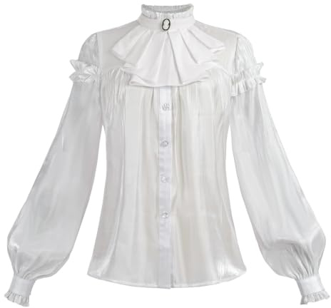 Fiamll Damen Viktorianisch Bluse Vintage Schleifenhemd Stehkragen mit Ruff Langarmshirt Mittelalter Bluse, Weiß, XXL