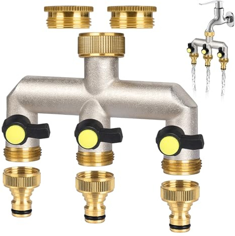 almaio Wasserverteiler 3fach, Durchflussstarker 3 Wege Verteiler Wasser, Verlängerter Griff mit 3/4 Zoll auf 1/2 Zoll Hahnanschluss, für Haus, Hof, Waschmaschine, Geschirrspüler, Gartenschläuche