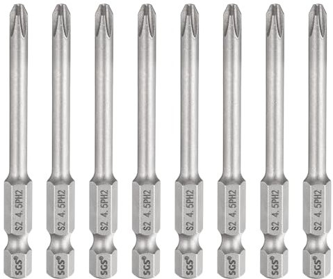 sourcing map Lot de 8 embouts de tournevis cruciformes PH2 avec tige hexagonale de 65 mm de long et tige de 0,5 cm de long, tournevis industriel en acier S2 pour outils électriques, gris