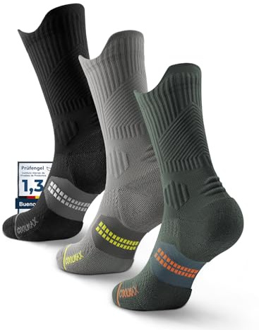 Juclise Calcetines de Compresión Running, Acolchados para Senderismo y Entrenamiento Deportivo (FR/ES, Números, 38, 42, Regular, Regular, Gris Medianoche+Verde Militar+Negro)