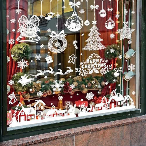 Gmphix Fensterbilder Weihnachten, 193 Stk fensterdeko Weihnachten, Wiederverwendbar Weiß Weihnachtsdeko, PVC Schneeflocken Fenster, Fenstersticker Weihnachten mit Häuser für Winter Weihnachtsdeko