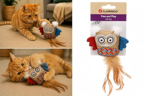 Flamingo Katzenspielzeug – Robla Eule – 21cm – Textil – mit Knistergeräusch, Catnip & Federn – bunt – Spielzeug für Katzen