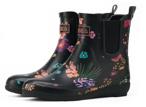 HISEA Rubber Rain Boots for Women Fashion Waterproof Chelsea Boots Short Ankle Garden Shoes Wedge Heel Anti-Slipping Rainboots for Ladies Outdoor Work Booties with Comfort Insole, Size 9 Black Floral