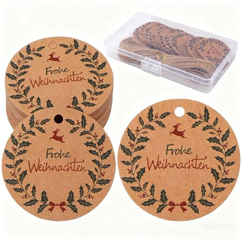 Geschenkanhänger Weihnachten, 100 runde Geschenkanhänger Weihnachten Frohe Weihnach-ten, Braun Weihnachtsanhänger DIY Dekoration, Interessant Geschenk-anhänger Zum Beschriften Reißfest