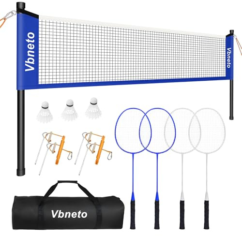 Vbneto Badminton Set, Portable Outdoor Anti-Sag System – Official 20ft x 5ft Easy Setup Durable Net with 4 Rackets, 3 Shuttlecocks & Carry Bag for Backyard, Lawn or Beach Fun