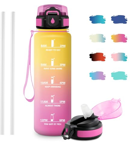 JAPORIA Borraccia 1 Litro, Borraccia senza BPA, Riutilizzabile, Bottiglia con Cannuccia, Bottiglia Motivazionale con Indicatore del Tempo, A Prova di Perdite, Borracce per Scuola, Ufficio, Campeggio