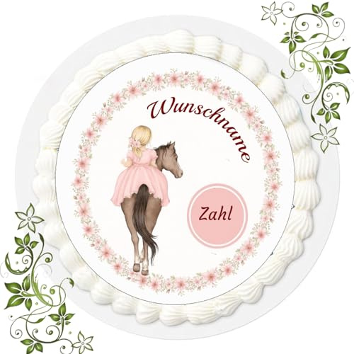 Personalisierter Tortenaufleger Ihr Wunschname und Zahl Zuckerbild mit Motiv Essbares Foto für Torten Tortenbild Tortenaufleger Ø 20cm FONDANT gebrauchsfertig Motive Pferd mit Mädchen Nr. W 4