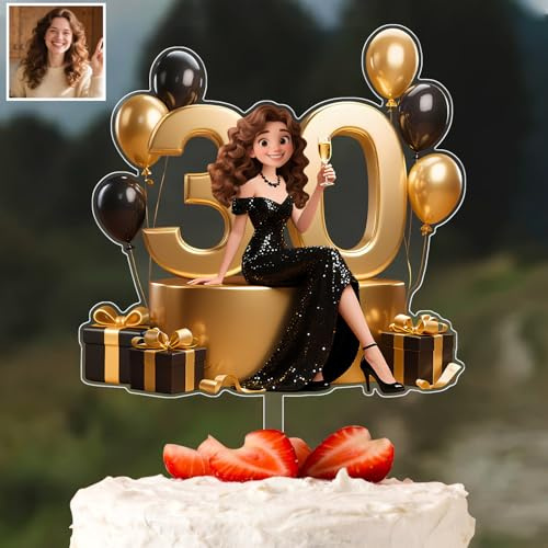 Personalised Cartoon Portrait 30th Birthday Cake Topper Custom Number Face Photo 2D Acrylic Cake Ornament Sign Decor Gift For Wife Mom Family Birthday Xmas Party (style 7)