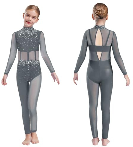 inlzdz Kids Girls Dance Unitard Gymnastics Leotard Full Bodysuit Mesh Rhinestones Figure Skating Jumpsuit Grey 13-14 Years