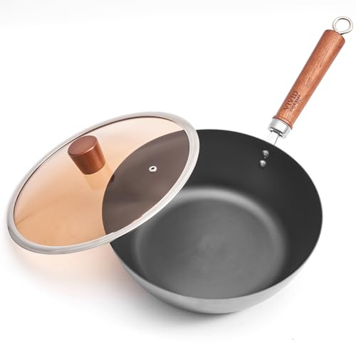 VIVIDCOOKWARE 10.2 Inch Carbon Steel Wok with Tempered Glass Lid, Flat Bottom Spun Iron Stir Fry Pan, Coating-Free Small Wok Pan with Wooden Handle, 3.5 Qt for 1–3 Servings, Seasoning Required