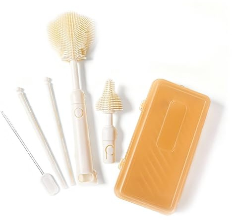 Qmibaby 6-in-1 Bottle Brush Set - Travel Essential Bottle Cleaner Kit with Silicone Bottle Brush, Nipple Cleaner Brush,Straw Brush, Folding Drying Rack & Storage Case Bottle Cleaning Tool (Yellow)
