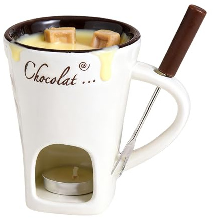 Tasse à fondue au chocolat en céramique – Pot à beurre fondant avec fourchette, chauffe-fromage, bougie chauffe-plat pour la maison ou les fromages