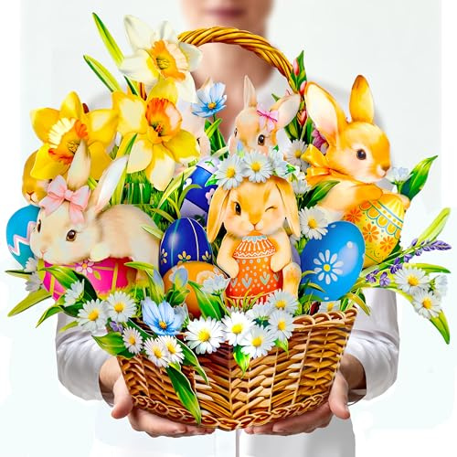 HIBLOOM Happy Easter Pop Up Card, 16 Inches Real Size Display 3D Greeting Card, Easter Basket with Bunny, Egg, Paper Flower Bouquet, Decorative Gift for Women, Includes Envelope & Message Card