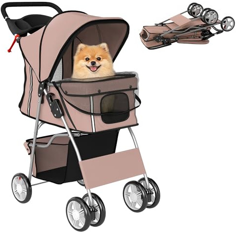 PawHut Carrito para Perros Gatos Plegable hasta 10 kg, Cochecito para Perros Pequeños con Ruedas de EVA y Frenos, Cesta de Almacenaje, Ventanas de Malla, Portavasos, Cojín Lavable, 77x44x102 cm, Café
