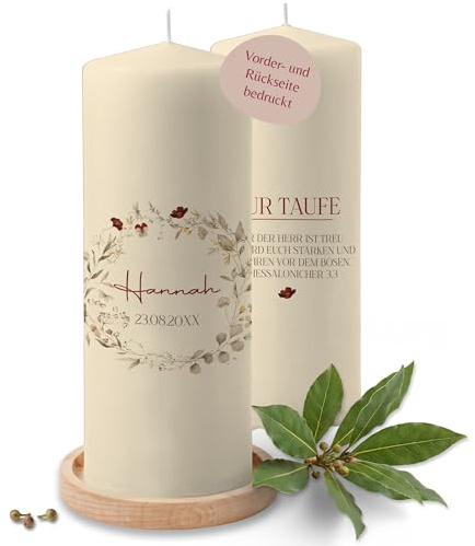 Taufkerze - Taufe - Wildblumenkranz mit Name Datum Wunschtext - Deko Taufgeschenk personalisiert - 230/78 mm - Elfenbein