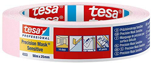 tesa UK 43330001801 Precision Sensitive, Razor Sharp Edge and Low Tack Masking Tape for Indoor Painting and Decorating, Residue Free Removal, 50 m x 25 mm, 25mm, Clear