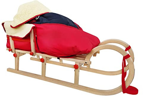 Hörnerschlitten Rodelschlitten Holzschlitten Zubehör wählbar V-21-110mit Lehne und Fußsack rot